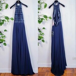 Beaded Long Dress 14 LARGE Navy Open Back Gown Prom Party Bridesmaid ALYCE Paris